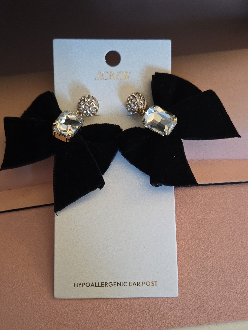 J. Crew Black Velvet Bow Crystal Stud Earrings